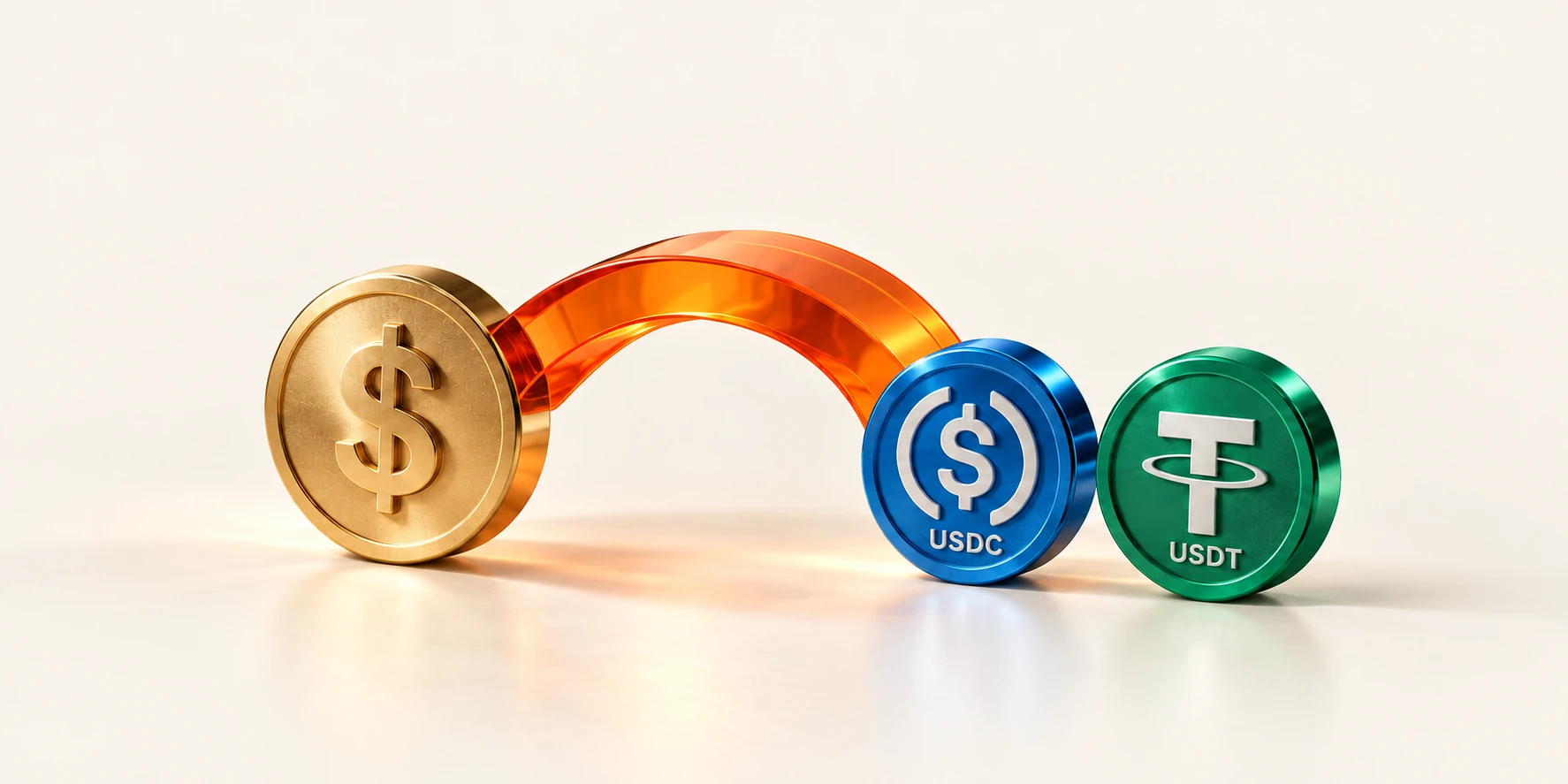 Dollar, USDC and USDT medallions linked by an orange bridge