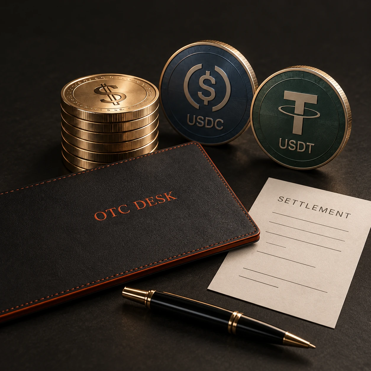 Dollar and stablecoin medallions with an OTC settlement folder