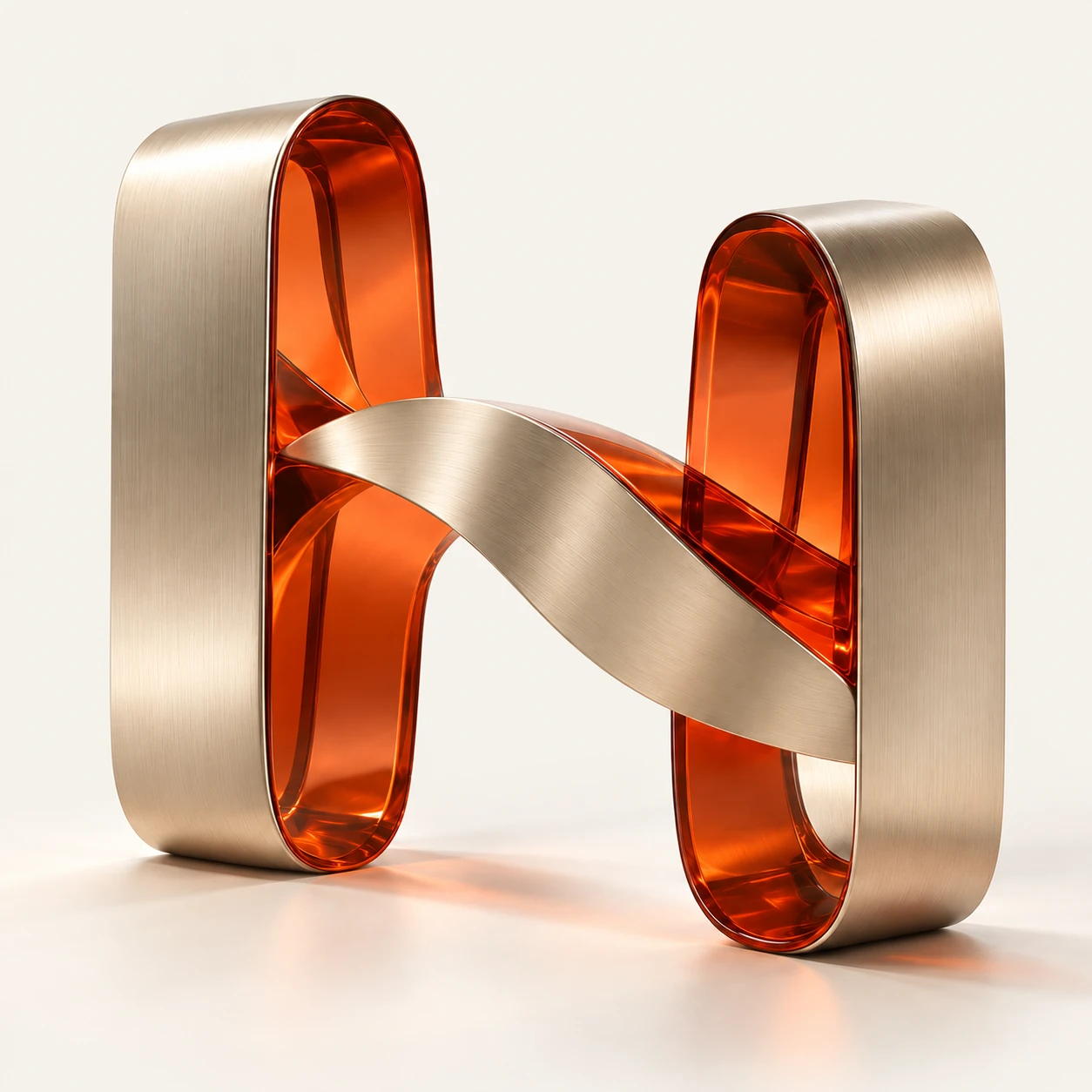 An architectural H connecting two sides in metal and orange glass